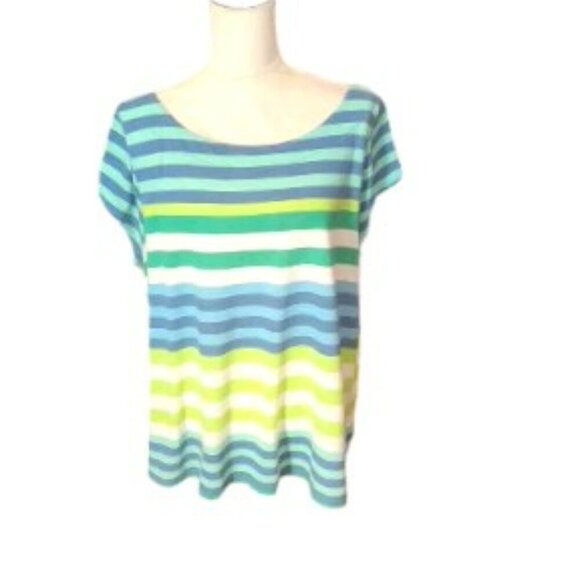 Liz Claiborne Short Sleeve Blue, Turquoise, Yellow, White Striped Top in 3X - Picture 1 of 4